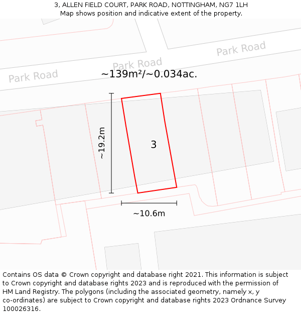 3, ALLEN FIELD COURT, PARK ROAD, NOTTINGHAM, NG7 1LH: Plot and title map