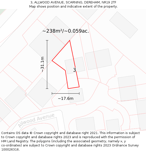 3, ALLWOOD AVENUE, SCARNING, DEREHAM, NR19 2TF: Plot and title map