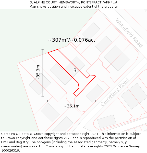 3, ALPINE COURT, HEMSWORTH, PONTEFRACT, WF9 4UA: Plot and title map