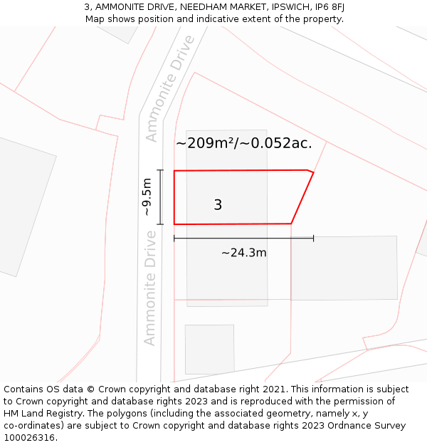 3, AMMONITE DRIVE, NEEDHAM MARKET, IPSWICH, IP6 8FJ: Plot and title map