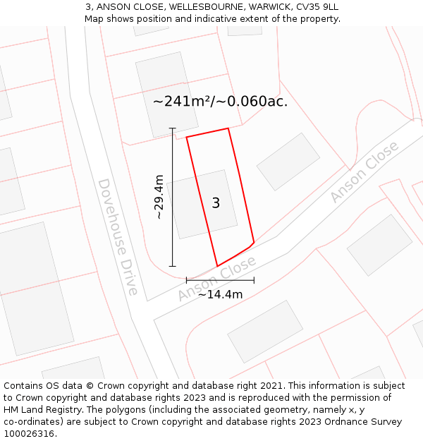 3, ANSON CLOSE, WELLESBOURNE, WARWICK, CV35 9LL: Plot and title map