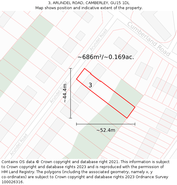 3, ARUNDEL ROAD, CAMBERLEY, GU15 1DL: Plot and title map