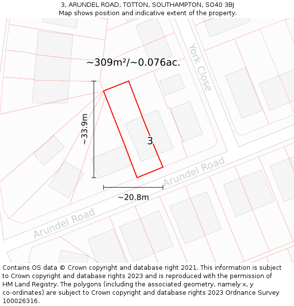 3, ARUNDEL ROAD, TOTTON, SOUTHAMPTON, SO40 3BJ: Plot and title map