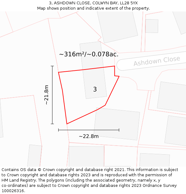 3, ASHDOWN CLOSE, COLWYN BAY, LL28 5YX: Plot and title map