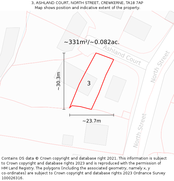 3, ASHLAND COURT, NORTH STREET, CREWKERNE, TA18 7AP: Plot and title map