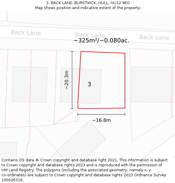 3, BACK LANE, BURSTWICK, HULL, HU12 9EG: Plot and title map