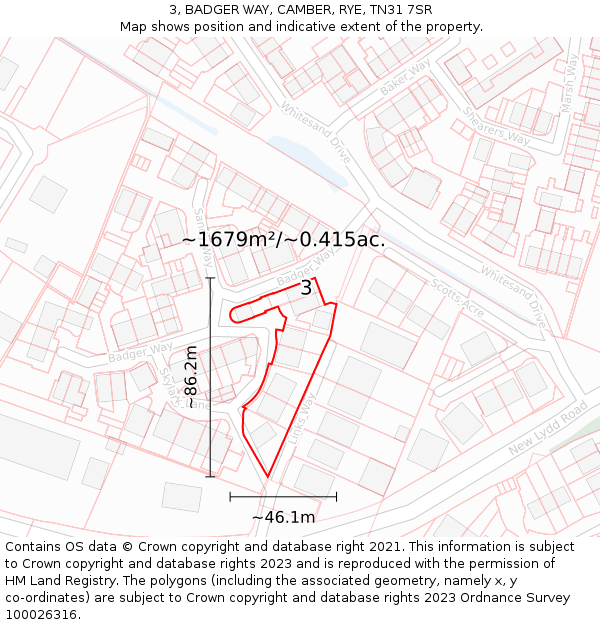 3, BADGER WAY, CAMBER, RYE, TN31 7SR: Plot and title map