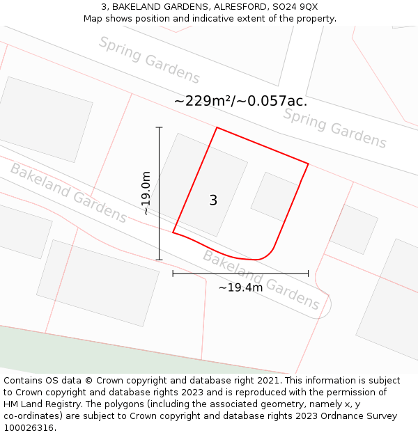 3, BAKELAND GARDENS, ALRESFORD, SO24 9QX: Plot and title map