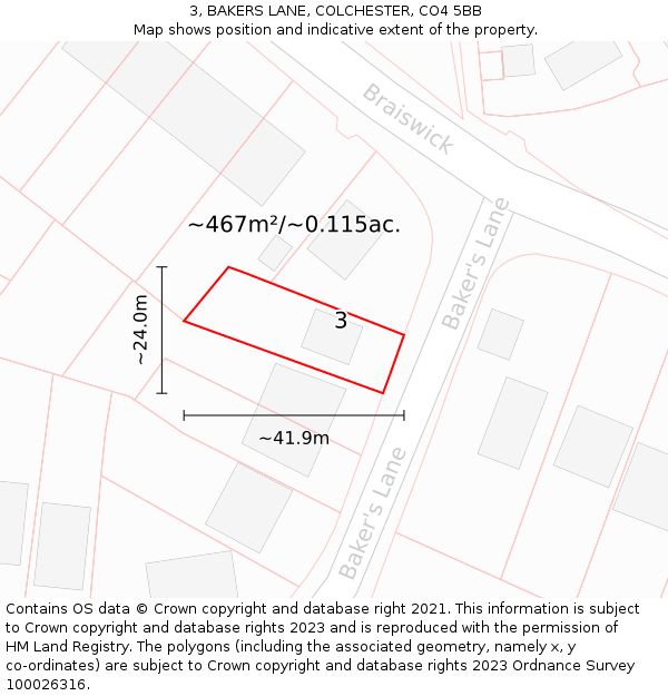 3, BAKERS LANE, COLCHESTER, CO4 5BB: Plot and title map