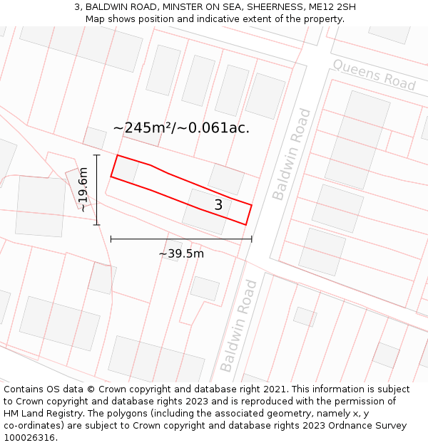 3, BALDWIN ROAD, MINSTER ON SEA, SHEERNESS, ME12 2SH: Plot and title map