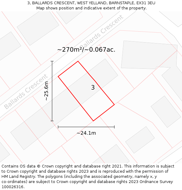 3, BALLARDS CRESCENT, WEST YELLAND, BARNSTAPLE, EX31 3EU: Plot and title map