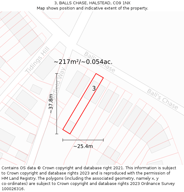 3, BALLS CHASE, HALSTEAD, CO9 1NX: Plot and title map