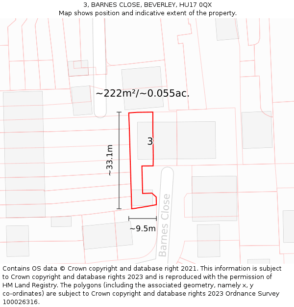 3, BARNES CLOSE, BEVERLEY, HU17 0QX: Plot and title map