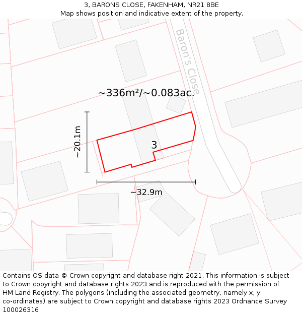3, BARONS CLOSE, FAKENHAM, NR21 8BE: Plot and title map
