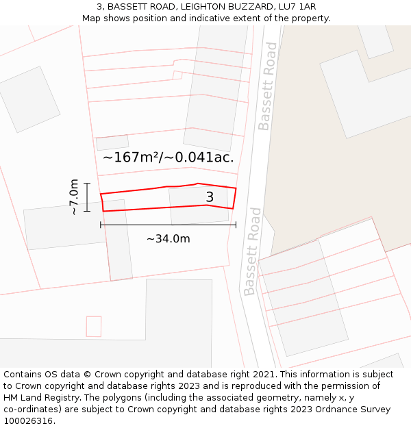 3, BASSETT ROAD, LEIGHTON BUZZARD, LU7 1AR: Plot and title map