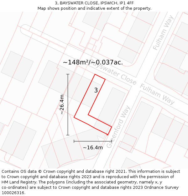 3, BAYSWATER CLOSE, IPSWICH, IP1 4FF: Plot and title map
