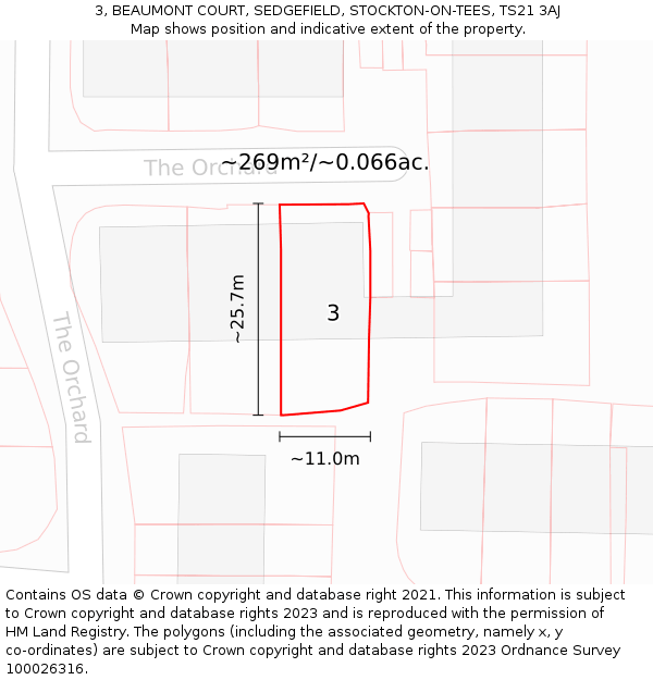 3, BEAUMONT COURT, SEDGEFIELD, STOCKTON-ON-TEES, TS21 3AJ: Plot and title map