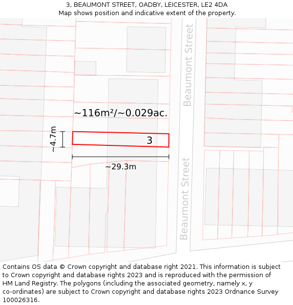 3, BEAUMONT STREET, OADBY, LEICESTER, LE2 4DA: Plot and title map