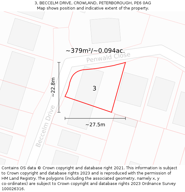 3, BECCELM DRIVE, CROWLAND, PETERBOROUGH, PE6 0AG: Plot and title map