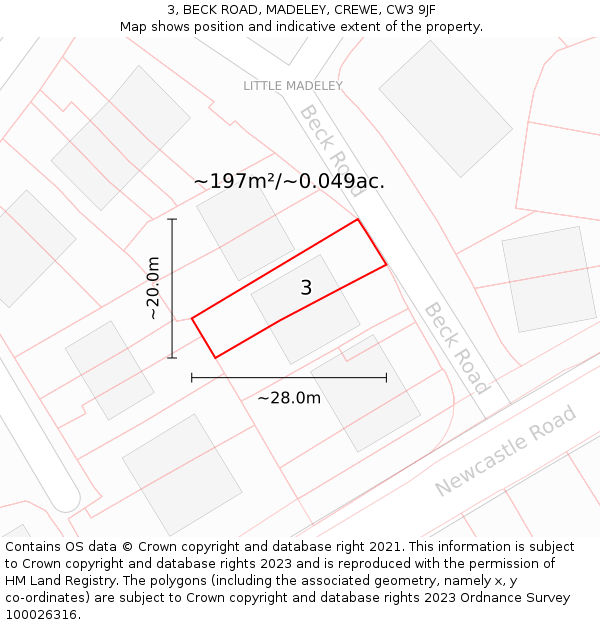 3, BECK ROAD, MADELEY, CREWE, CW3 9JF: Plot and title map