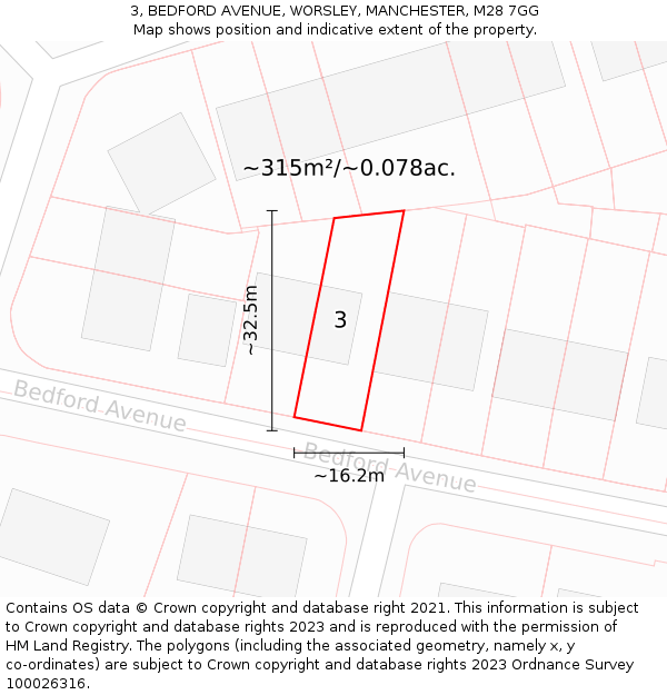 3, BEDFORD AVENUE, WORSLEY, MANCHESTER, M28 7GG: Plot and title map