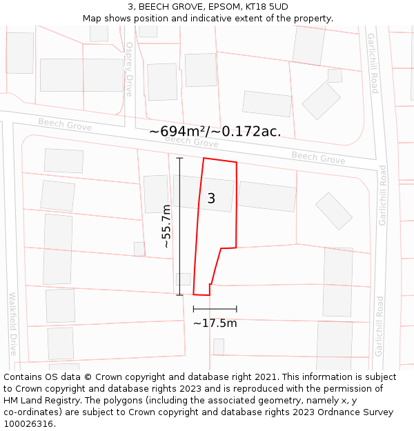 3, BEECH GROVE, EPSOM, KT18 5UD: Plot and title map