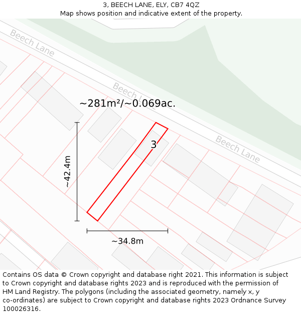 3, BEECH LANE, ELY, CB7 4QZ: Plot and title map