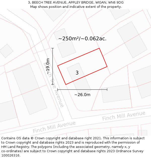 3, BEECH TREE AVENUE, APPLEY BRIDGE, WIGAN, WN6 9DG: Plot and title map