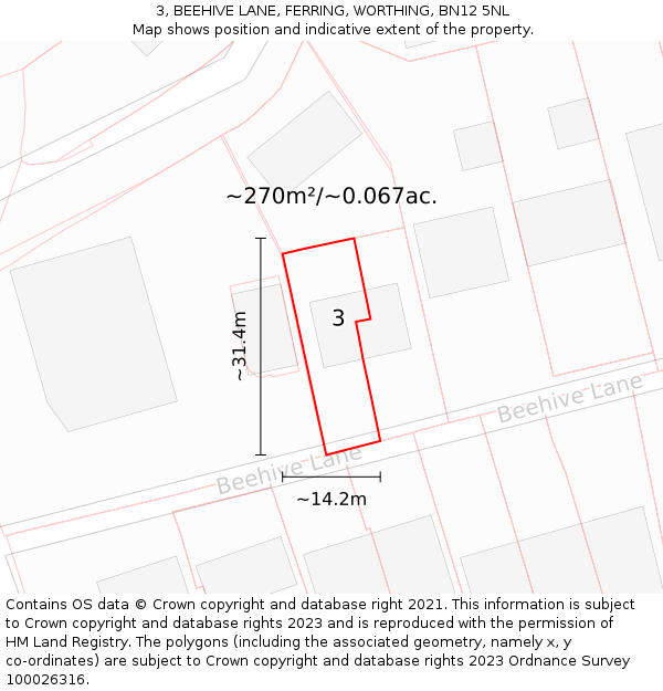 3, BEEHIVE LANE, FERRING, WORTHING, BN12 5NL: Plot and title map