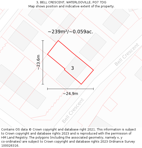 3, BELL CRESCENT, WATERLOOVILLE, PO7 7DG: Plot and title map