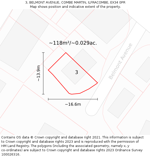 3, BELMONT AVENUE, COMBE MARTIN, ILFRACOMBE, EX34 0PR: Plot and title map