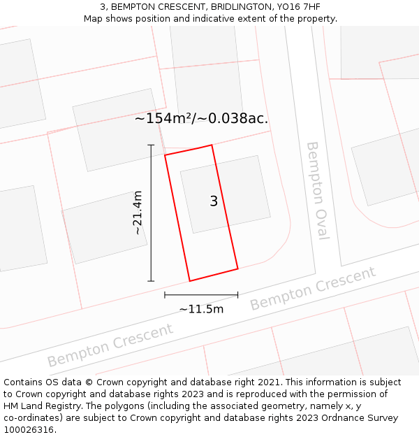 3, BEMPTON CRESCENT, BRIDLINGTON, YO16 7HF: Plot and title map