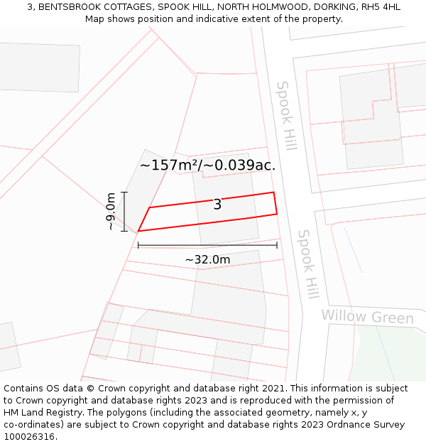 3, BENTSBROOK COTTAGES, SPOOK HILL, NORTH HOLMWOOD, DORKING, RH5 4HL: Plot and title map