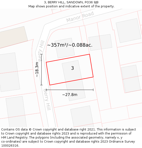 3, BERRY HILL, SANDOWN, PO36 9JB: Plot and title map