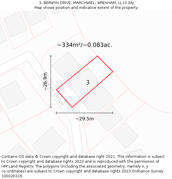 3, BERWYN DRIVE, MARCHWIEL, WREXHAM, LL13 0AJ: Plot and title map