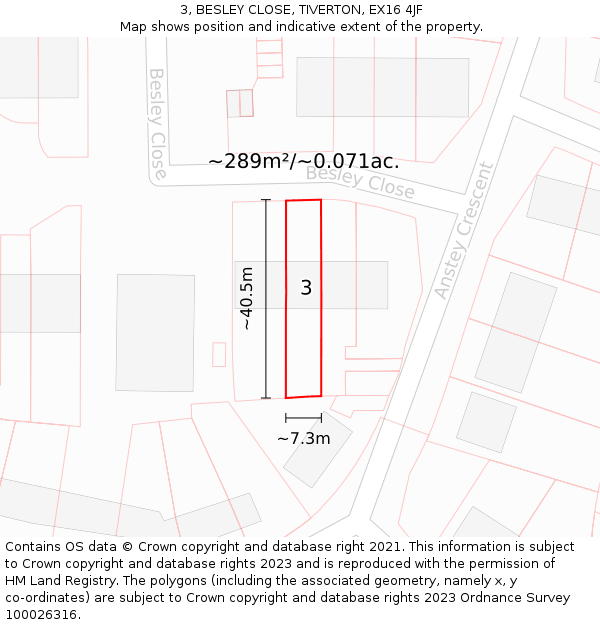 3, BESLEY CLOSE, TIVERTON, EX16 4JF: Plot and title map