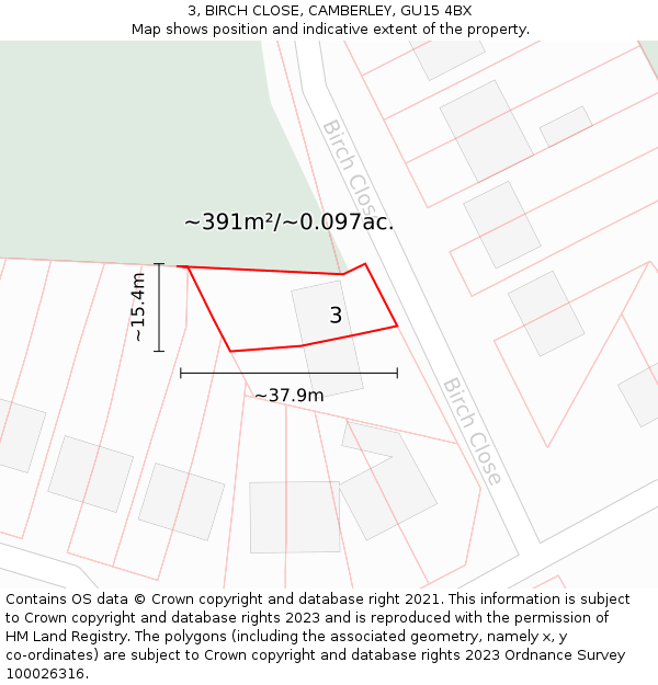 3, BIRCH CLOSE, CAMBERLEY, GU15 4BX: Plot and title map