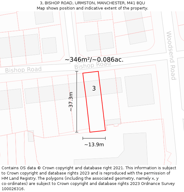 3, BISHOP ROAD, URMSTON, MANCHESTER, M41 8QU: Plot and title map