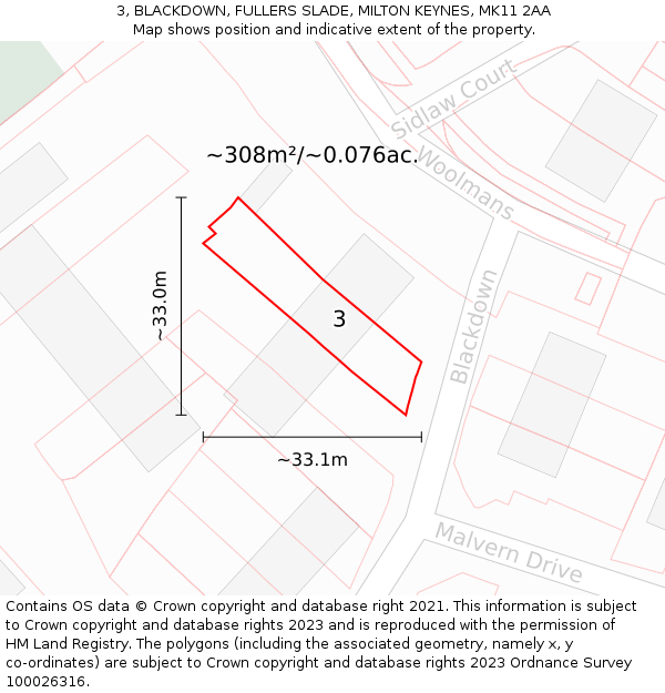 3, BLACKDOWN, FULLERS SLADE, MILTON KEYNES, MK11 2AA: Plot and title map