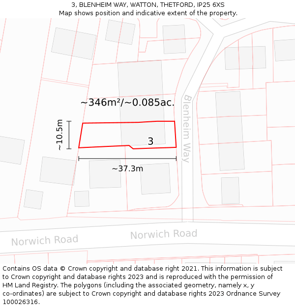 3, BLENHEIM WAY, WATTON, THETFORD, IP25 6XS: Plot and title map