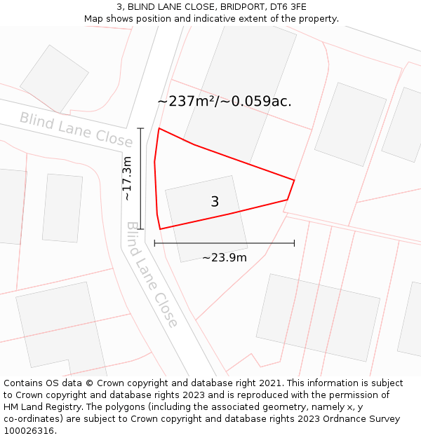 3, BLIND LANE CLOSE, BRIDPORT, DT6 3FE: Plot and title map