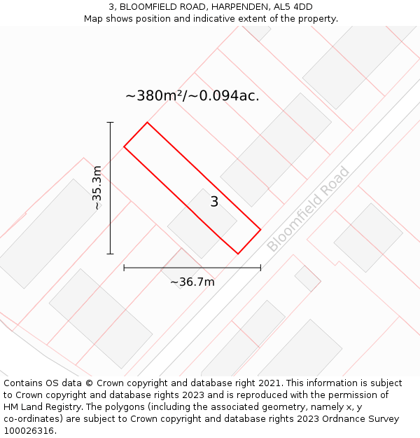 3, BLOOMFIELD ROAD, HARPENDEN, AL5 4DD: Plot and title map