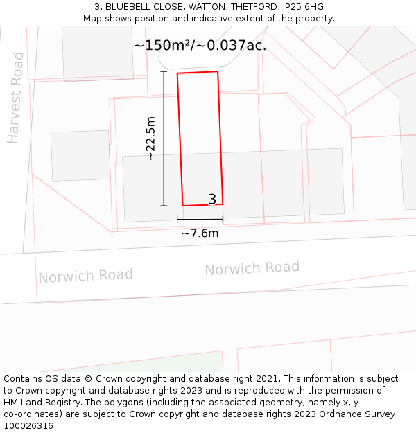 3, BLUEBELL CLOSE, WATTON, THETFORD, IP25 6HG: Plot and title map