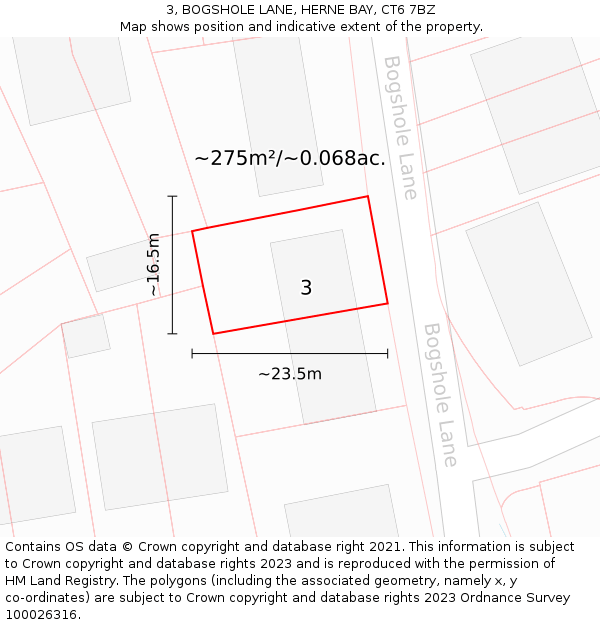 3, BOGSHOLE LANE, HERNE BAY, CT6 7BZ: Plot and title map