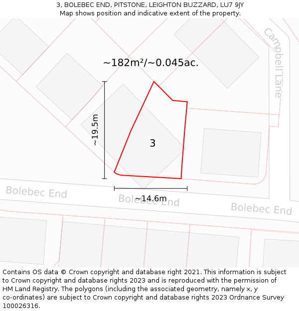 3, BOLEBEC END, PITSTONE, LEIGHTON BUZZARD, LU7 9JY: Plot and title map