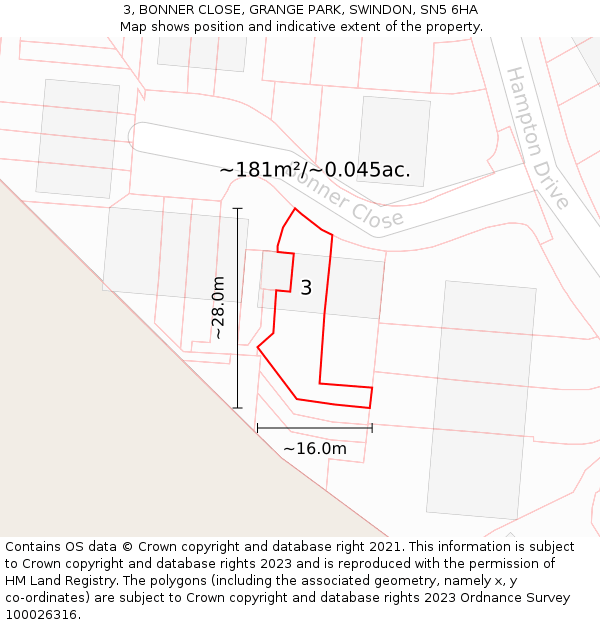 3, BONNER CLOSE, GRANGE PARK, SWINDON, SN5 6HA: Plot and title map