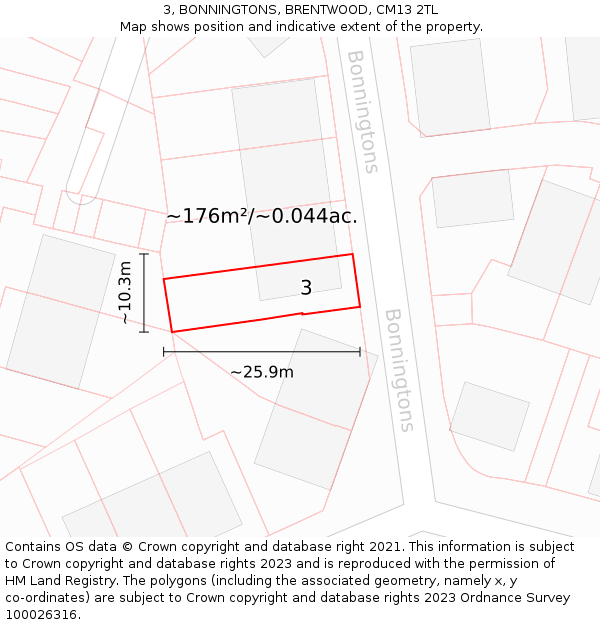 3, BONNINGTONS, BRENTWOOD, CM13 2TL: Plot and title map