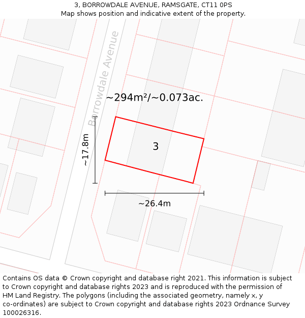 3, BORROWDALE AVENUE, RAMSGATE, CT11 0PS: Plot and title map