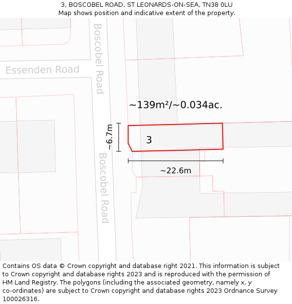 3, BOSCOBEL ROAD, ST LEONARDS-ON-SEA, TN38 0LU: Plot and title map
