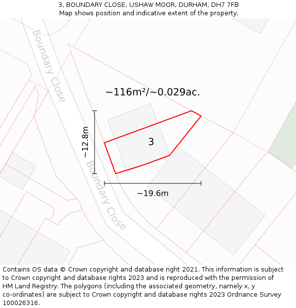 3, BOUNDARY CLOSE, USHAW MOOR, DURHAM, DH7 7FB: Plot and title map